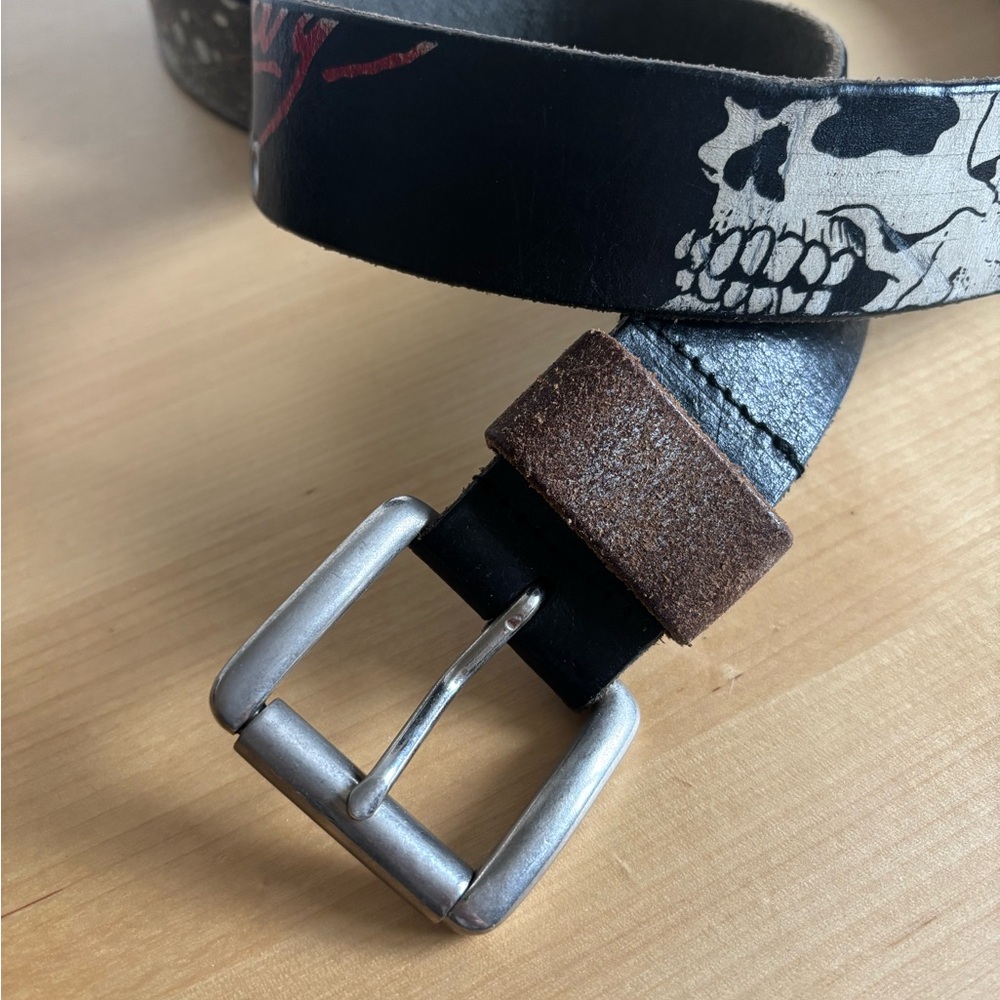 Vintage Y2K Ed Hardy Men's Black and Brown Leather Belt